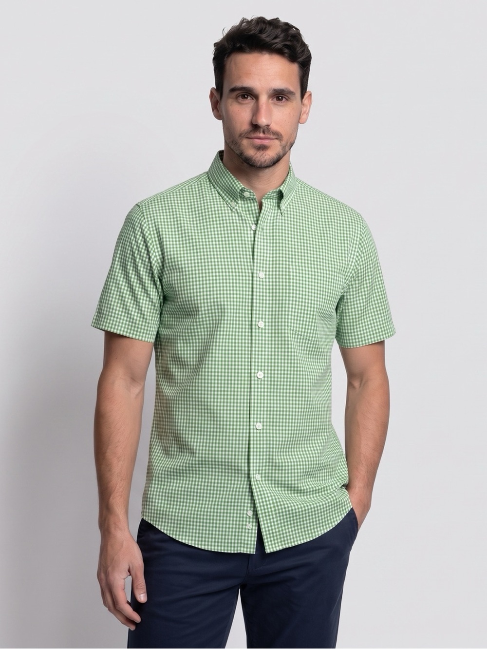 Saddlebred Shirt Mens Size L Green Gingham Check Short Sleeve Button-Up
